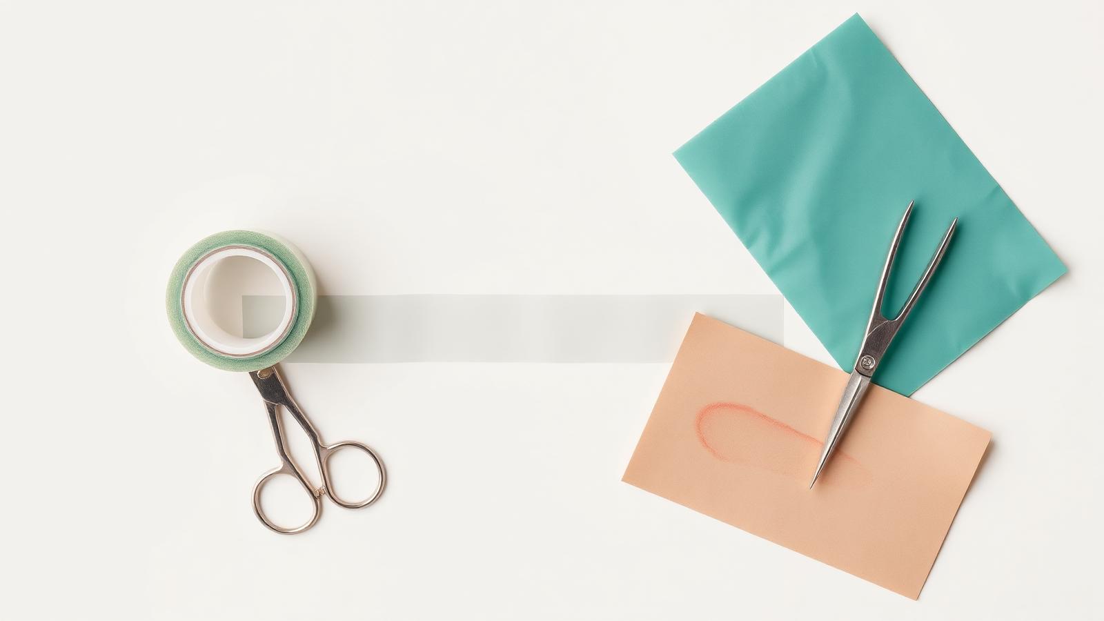 Fita de silicone médica com tesoura e amostra de cicatriz linear