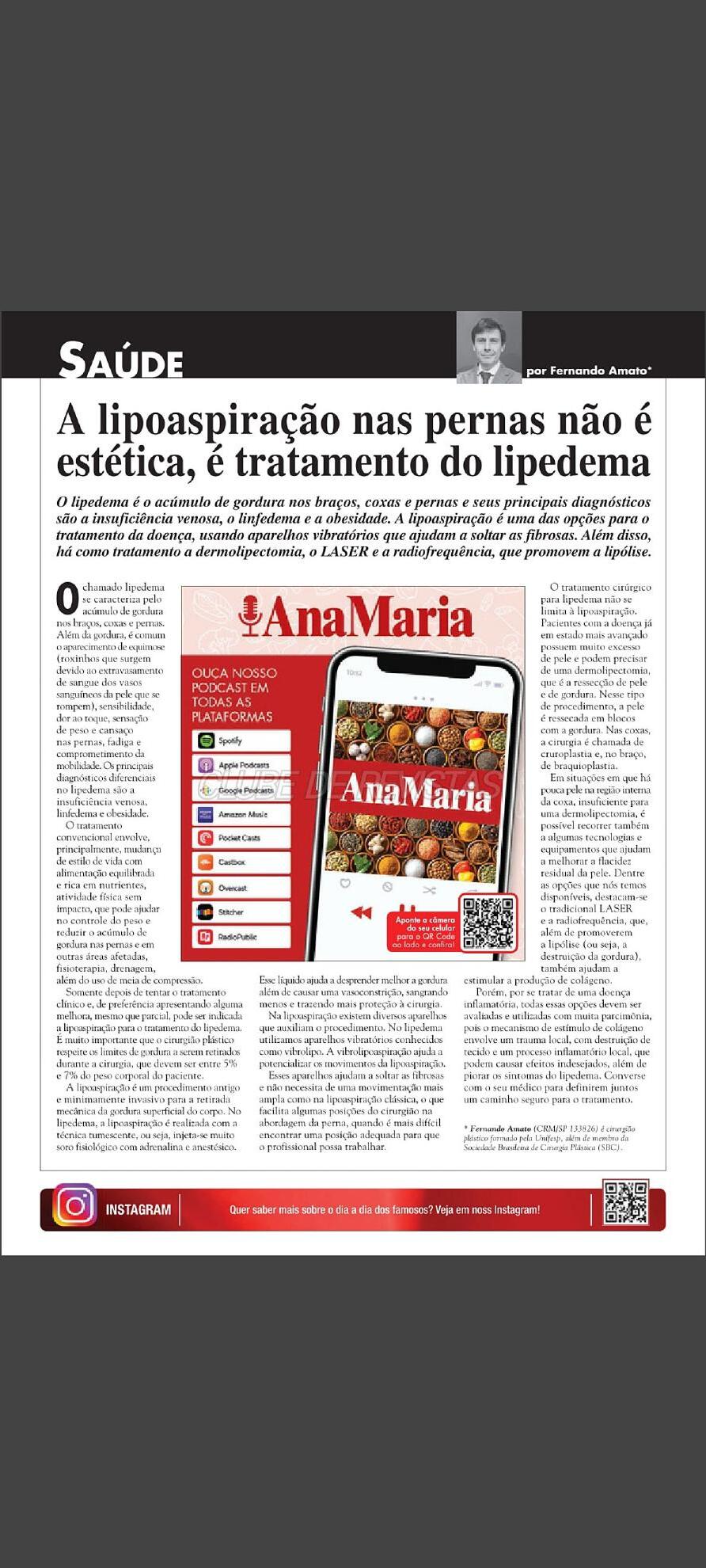 Página 27 da Revista CARAS edição 1.556 com a coluna de Saúde do Dr. Fernando Amato: A lipoaspiração nas pernas não é estética, é tratamento do lipedema