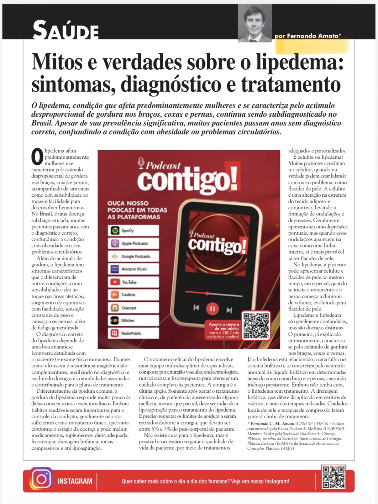 Página da coluna Saúde da Revista Contigo, assinada por Dr. Fernando Amato, sobre mitos e verdades do lipedema