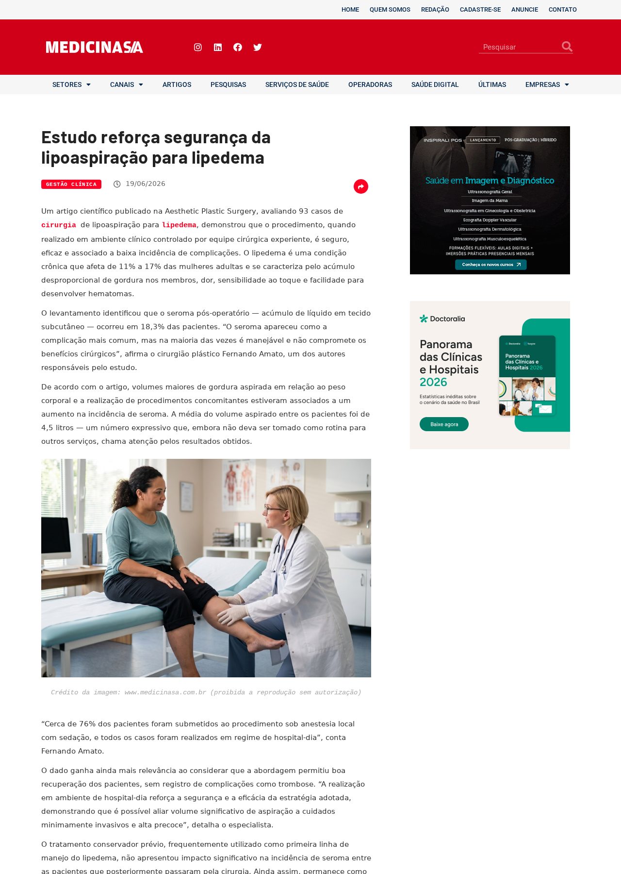 Topo da matéria da revista Medicina S/A sobre estudo de lipoaspiração para lipedema coautorado pelo Dr. Fernando Amato
