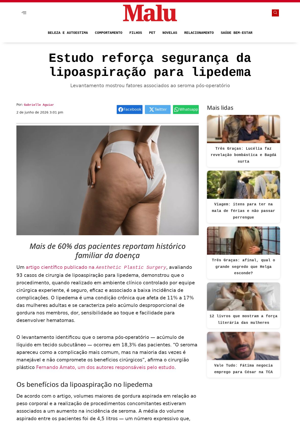 Topo da matéria da Revista Malu sobre estudo de segurança da lipoaspiração para lipedema coautorado pelo Dr. Fernando Amato