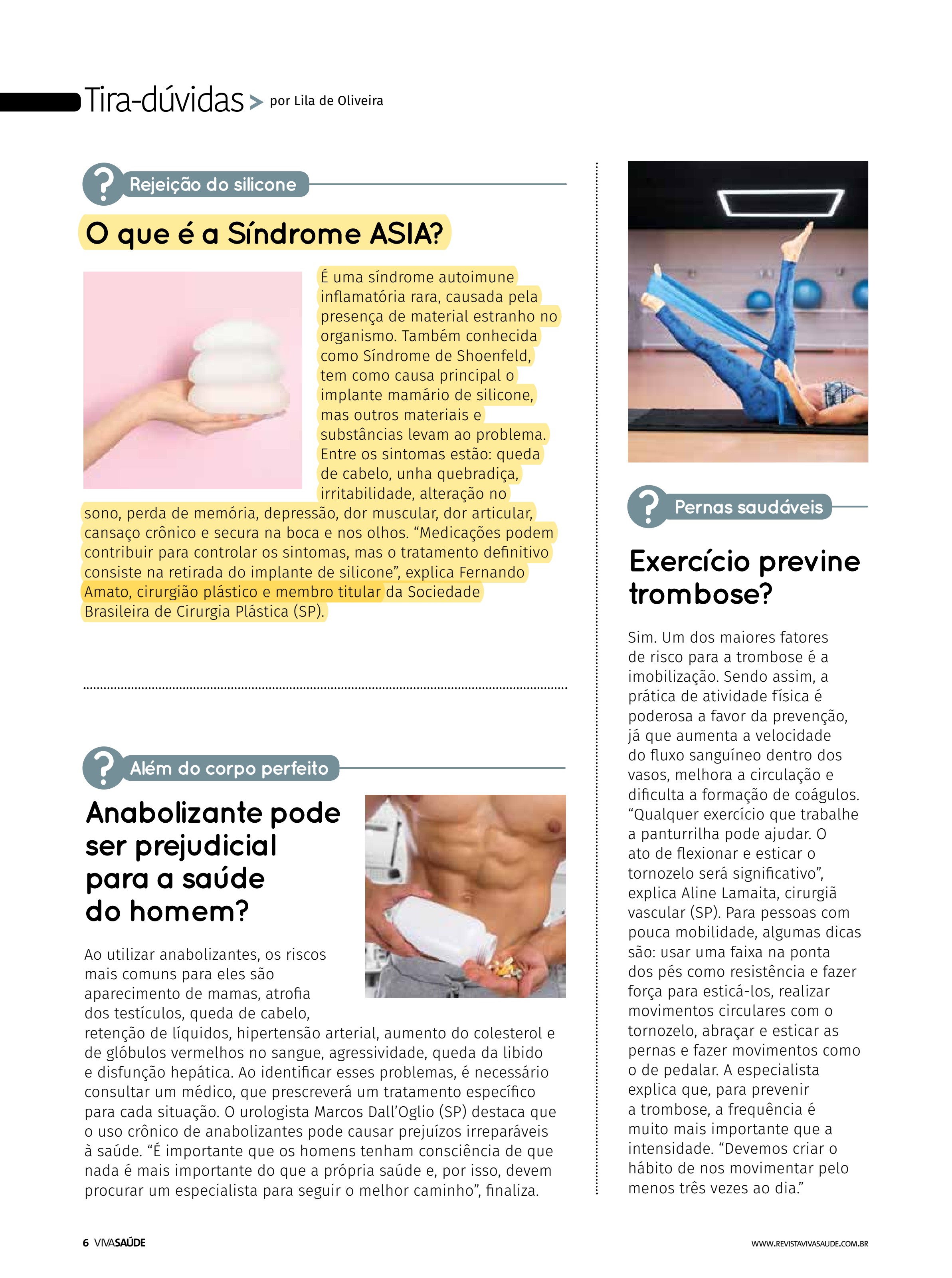 Página da seção Tira-dúvidas da Viva Saúde com a participação do Dr. Fernando Amato sobre Síndrome ASIA